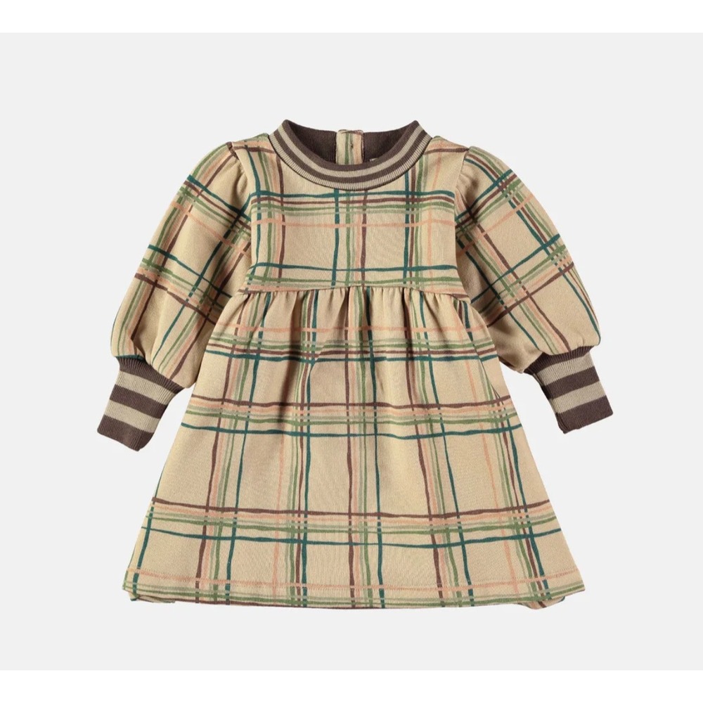 Coco Au Lait Girls Plaid Dress Long Sleeve Brown Ribbed Trim Cotton Casual 10Y